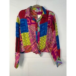 Chico's Design Silk Patchwork Blouse Womens 2 Multi NEW Tie Front Art to Wear